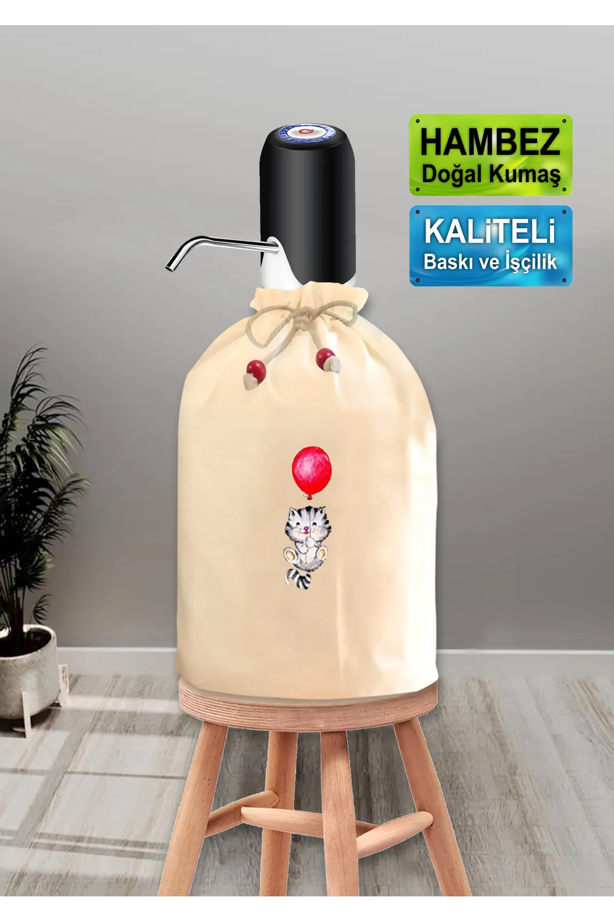 Krem Damacana Kılıfı Balonlu Kedi Baskılı Hambez Damacana Kılıfı