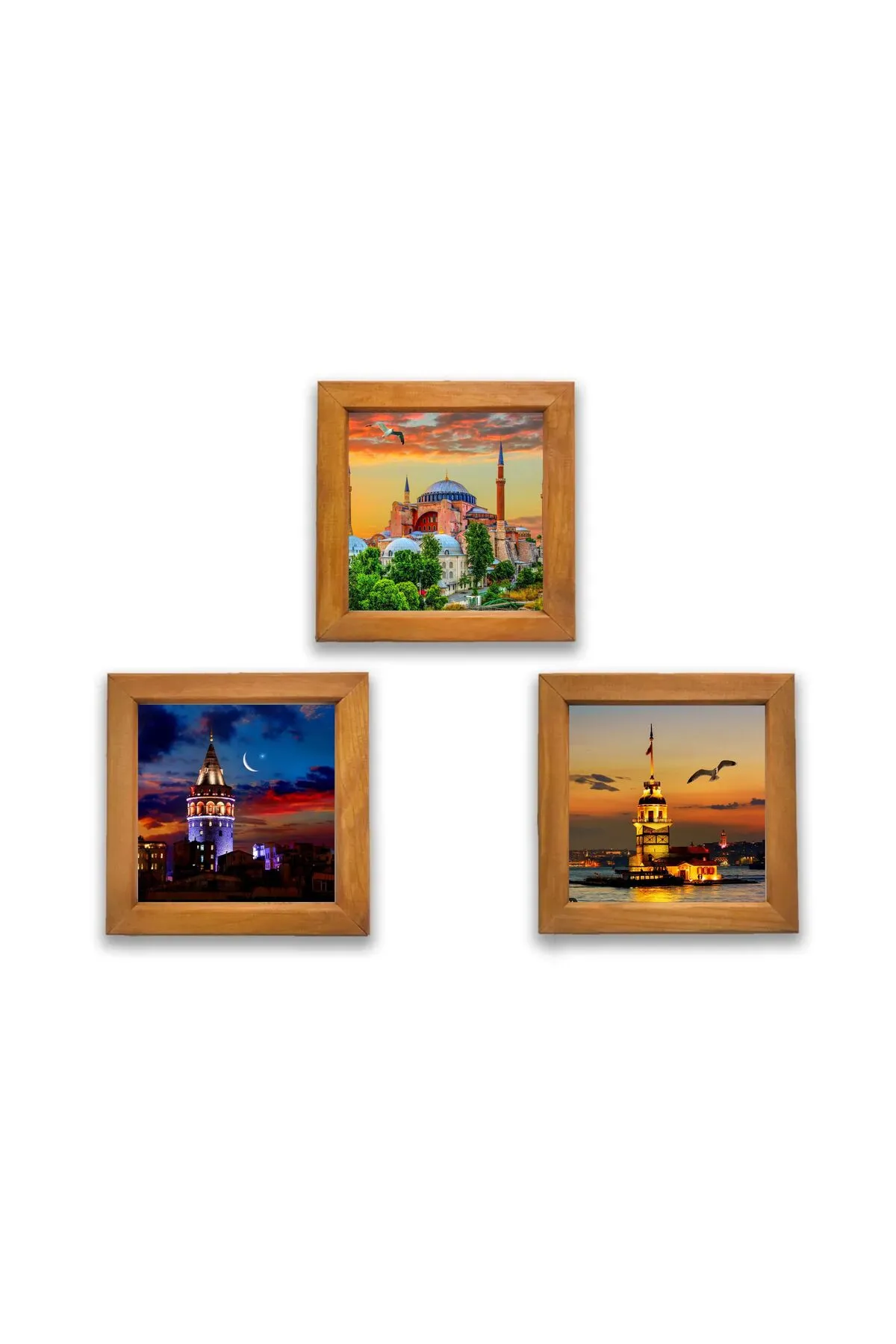 Ahşap Çerçeveli Duvar Dekoru 3'lü 21 X 21 Cm kız kulesi ,Galata kulesi , Ayasofya camii