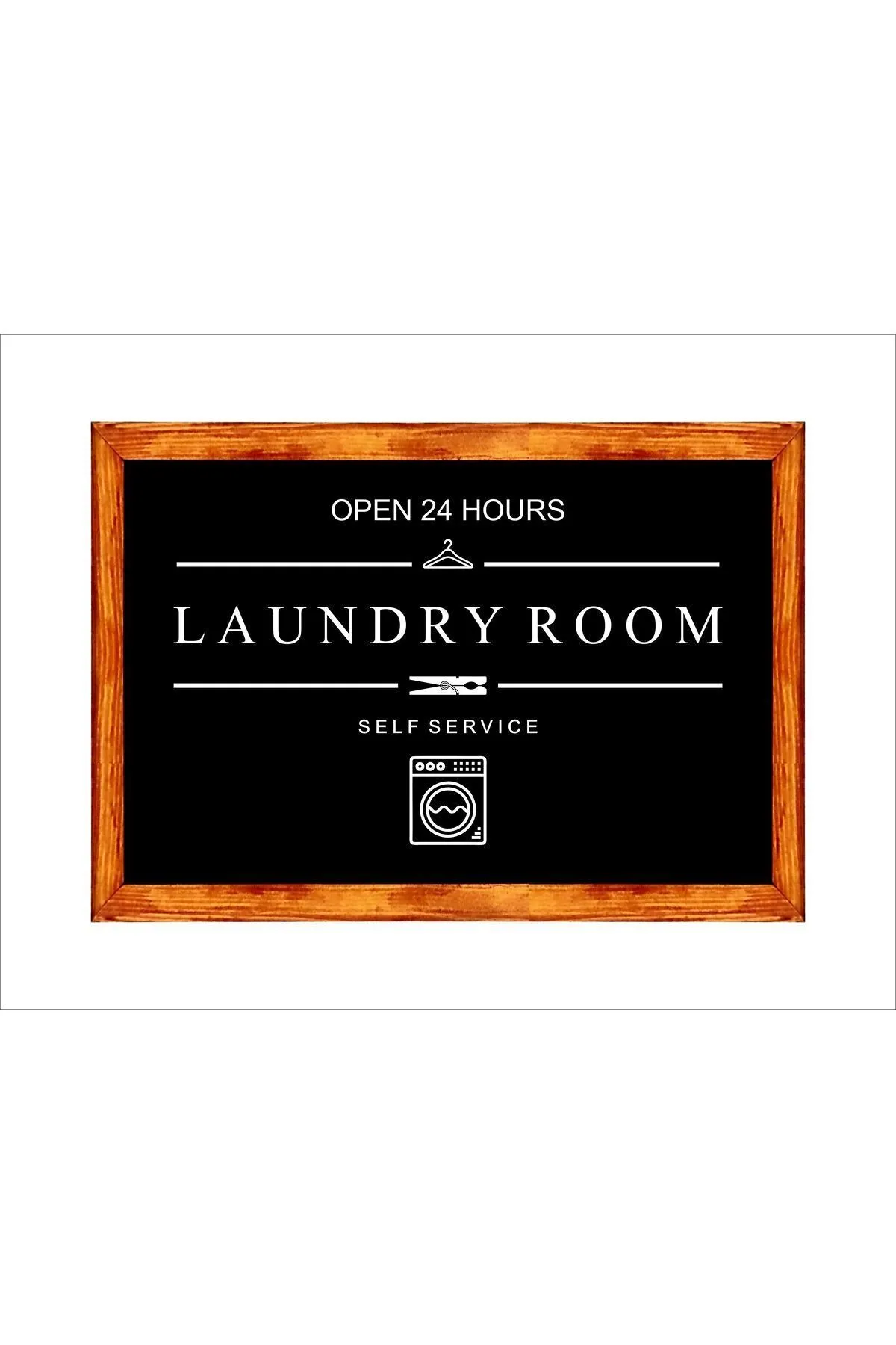 Duvar Dekoru Open Laundry Room Siyah Zeminli Banyo Çamaşırhane Dekoru ,ahşap Çerçeveli Tablo