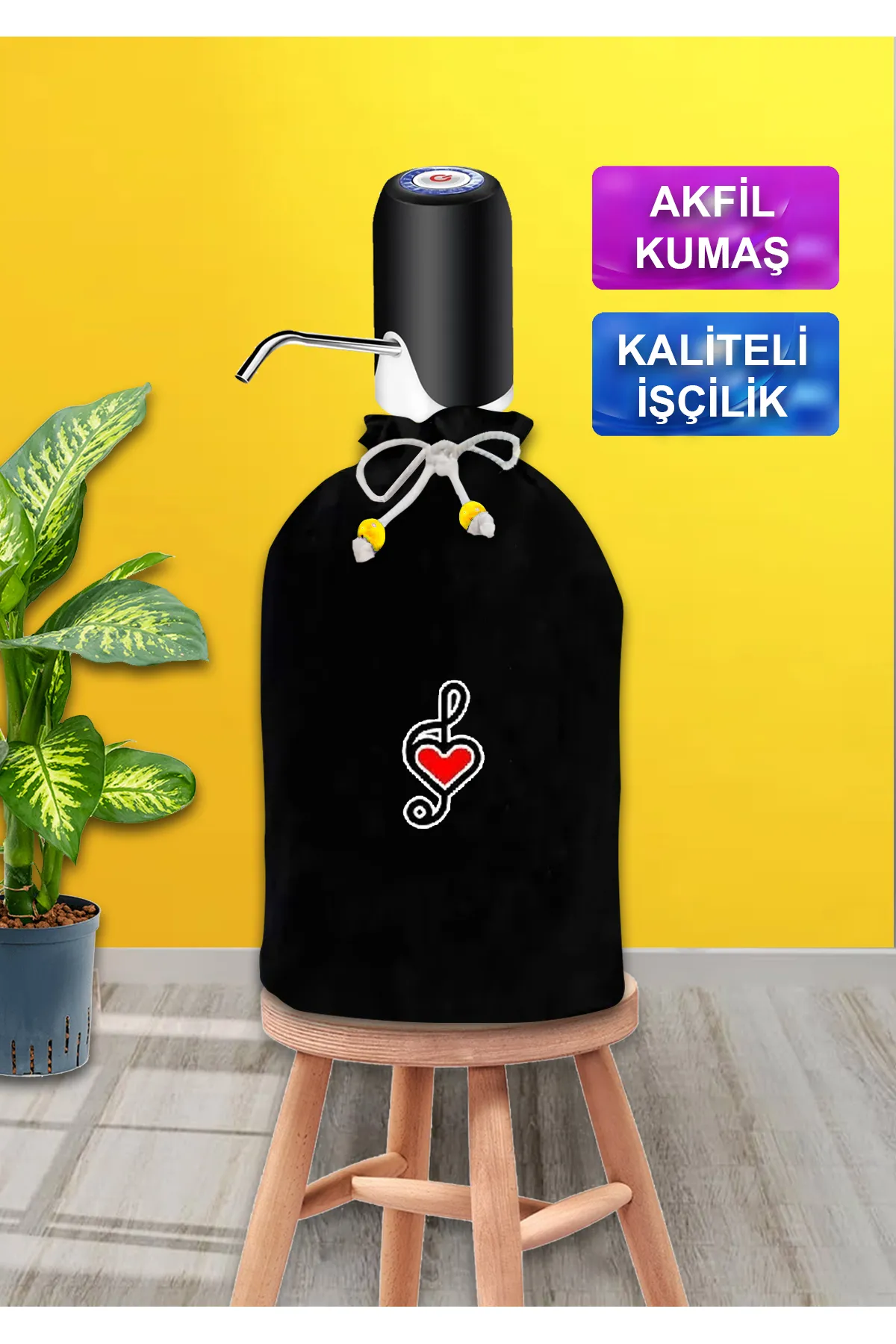 Dekoratif Siyah Damacana Kalpli Sol Anahtarı Baskılı Siyah Akfil Kumaş Damacana Kılıfı