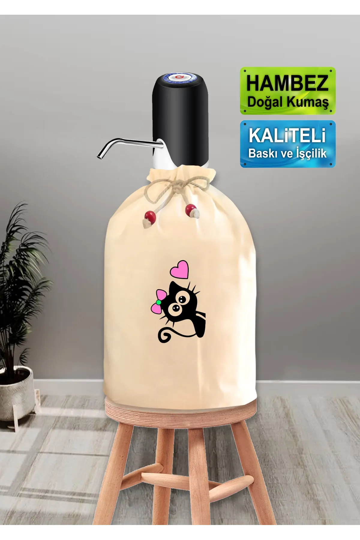 Dekoratif Tokalı Kedi Baskılı Damacana Kılıfı Doğal Hambez Büzgü İpli Yıkanabilir Kılıf