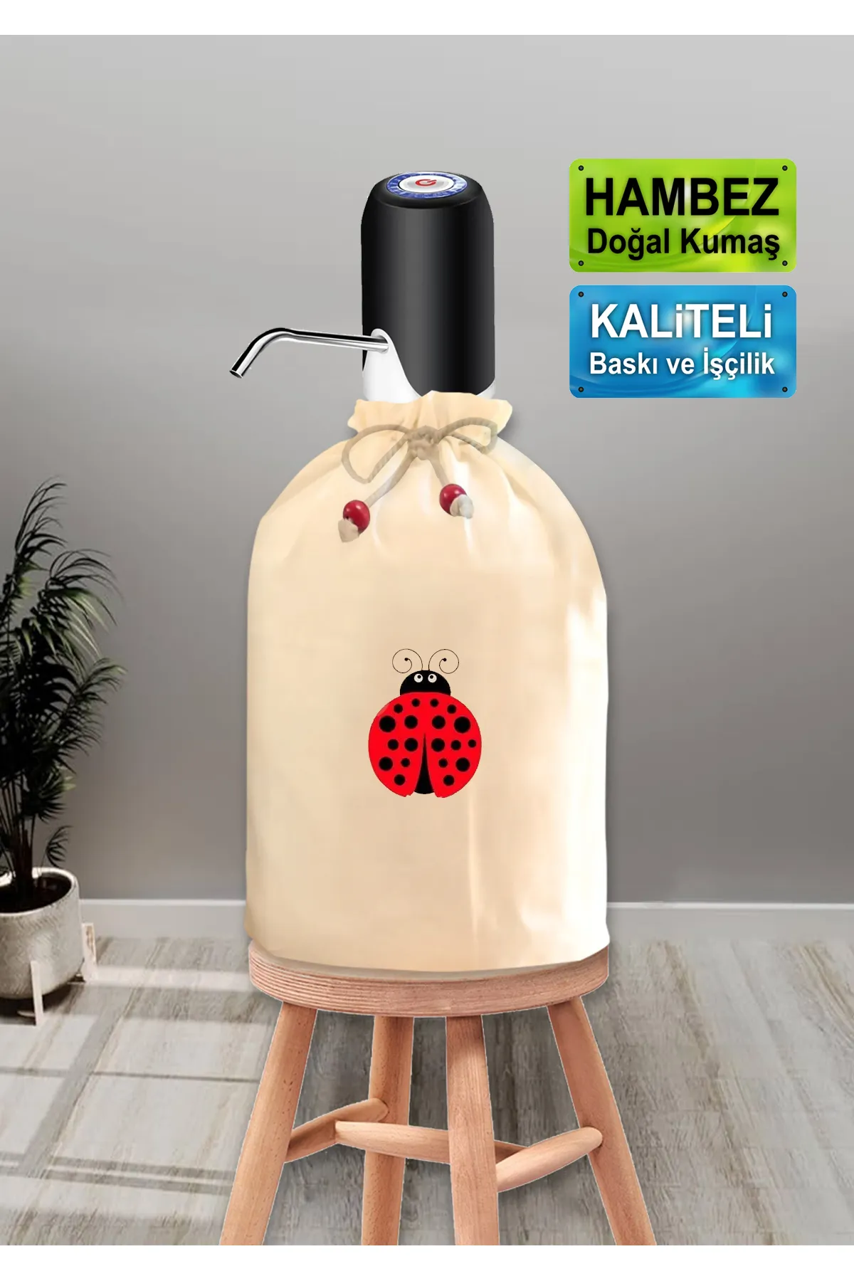 Dekoratif Uğurböceği Baskılı Damacana Kılıfı Doğal Hambez Büzgü İpli Yıkanabilir Kılıf