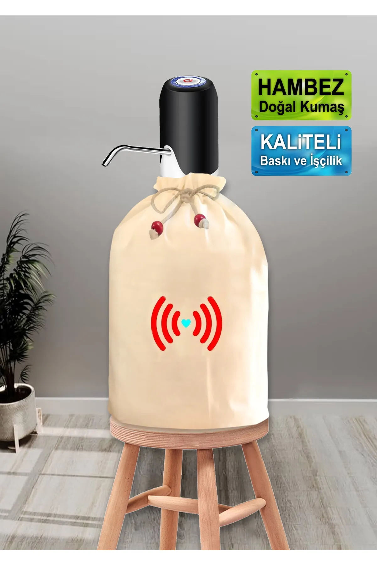 Dekoratif  Wi-Fi Baskılı Damacana Kılıfı Doğal Hambez Büzgü İpli Yıkanabilir Kılıf
