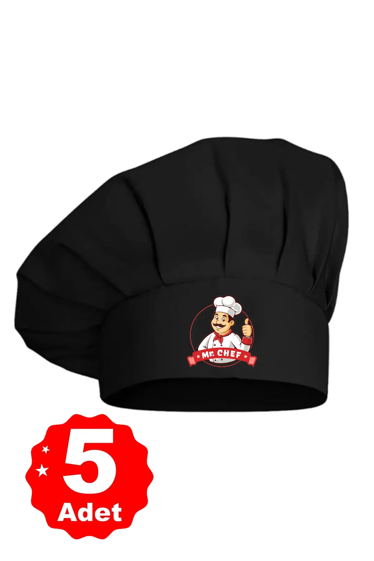 5li Siyah Üzeri Mr. Chef Logo Baskılı Şef Aşçı Şapkası Mantar Kep
