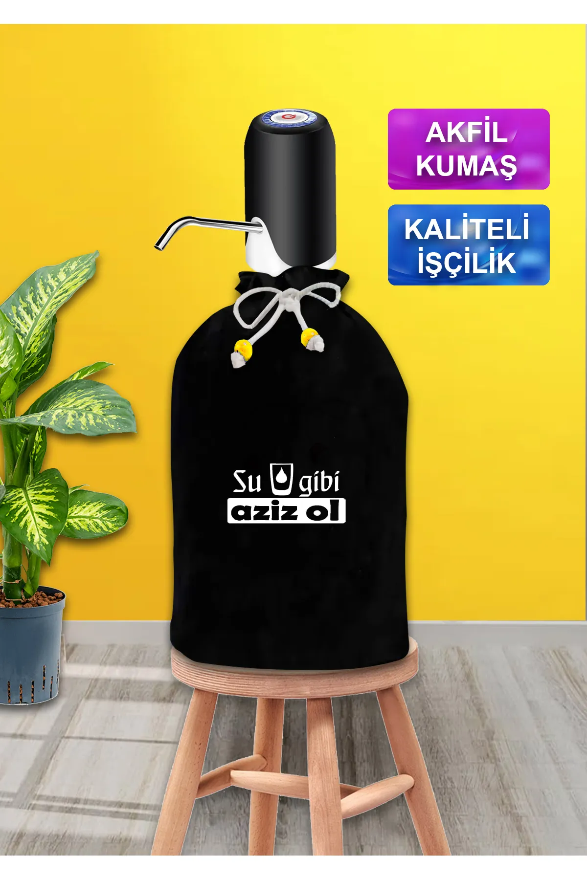 Siyah Damacana Kılıfı Su Gibi Aziz Ol Baskılı Siyah Kumaş Damacana Kılıfı