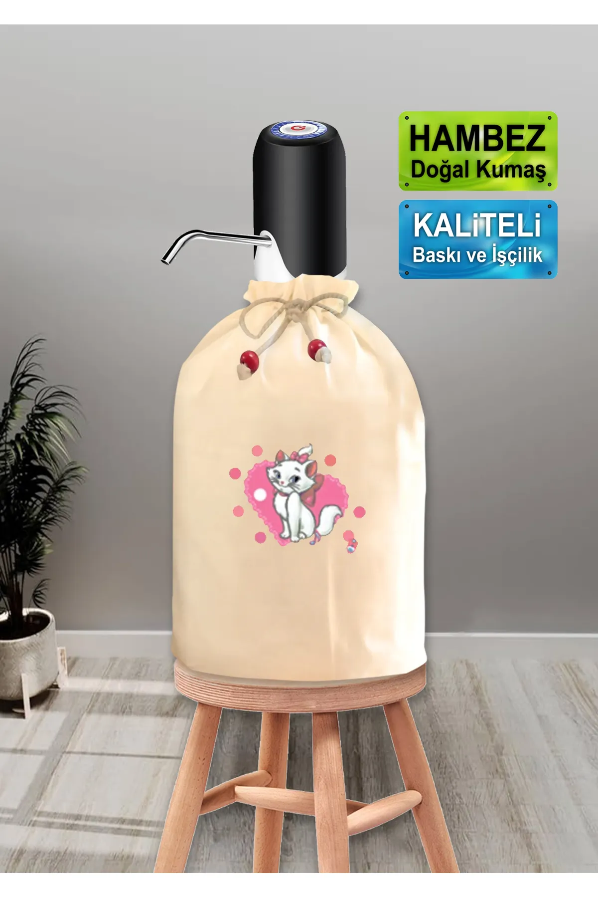 Krem Damacana Kılıfı Kalpli Süslü Kedi Baskılı Hambez Damacana Kılıfı